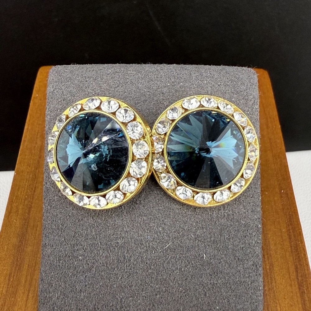 Vintage Rivoli Earrings Blue Rhinestone Gold Tone Pierced